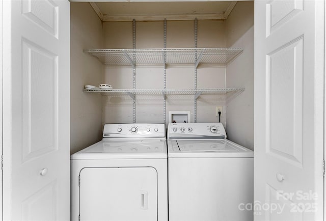 laundry area with ornamental molding and separate washer and dryer