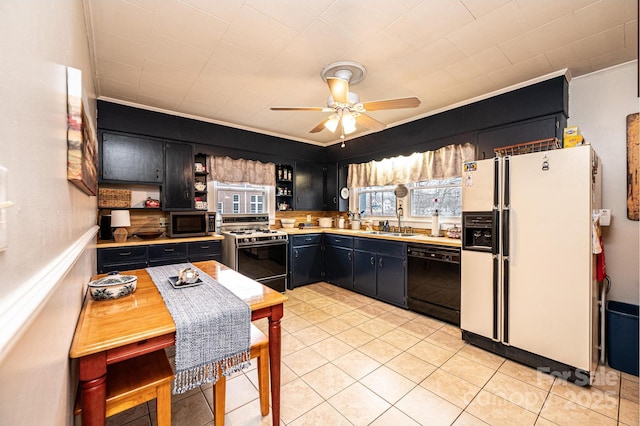 kitchen with ceiling fan, sink, white appliances, ornamental molding, and light tile patterned floors