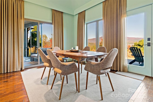 dining space with hardwood / wood-style flooring and a mountain view