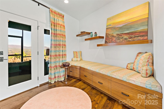 sitting room featuring dark wood-type flooring and a mountain view