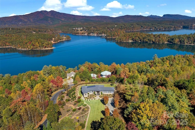 drone / aerial view with a water and mountain view