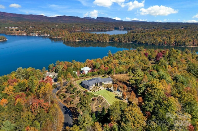 birds eye view of property with a water and mountain view