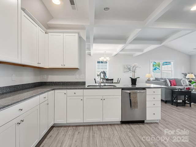 kitchen with dishwasher, sink, white cabinets, kitchen peninsula, and light wood-type flooring