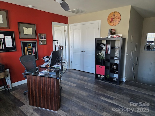 home office with dark hardwood / wood-style floors and ceiling fan
