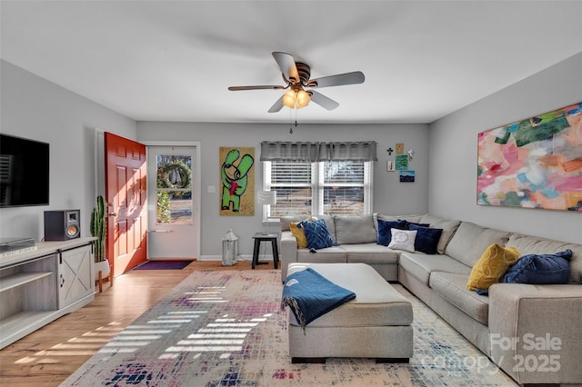 living room with ceiling fan and light wood-type flooring