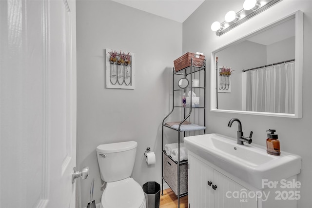 bathroom featuring toilet, hardwood / wood-style floors, and vanity