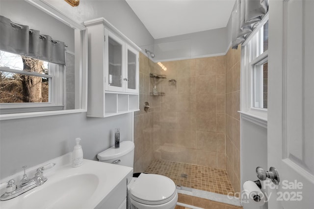 bathroom featuring toilet, vanity, and a tile shower