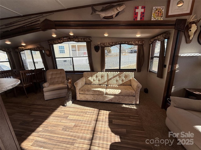 living room with lofted ceiling and hardwood / wood-style flooring