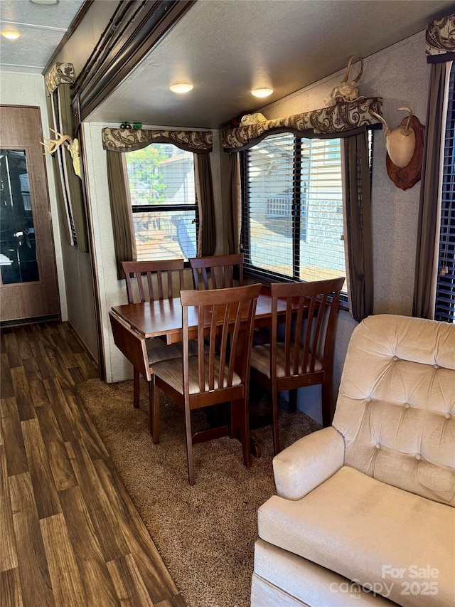 dining space with a healthy amount of sunlight and dark hardwood / wood-style floors