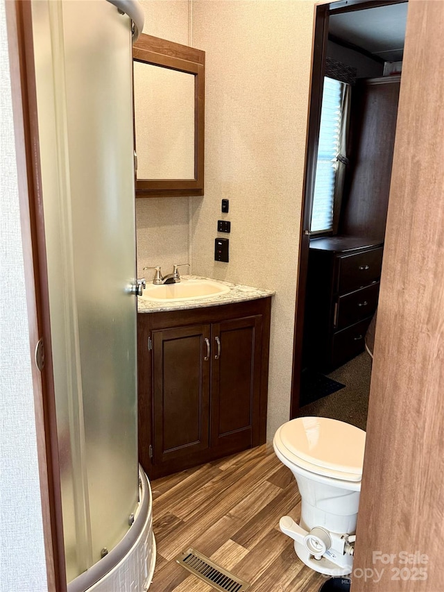 bathroom featuring toilet, vanity, and wood-type flooring