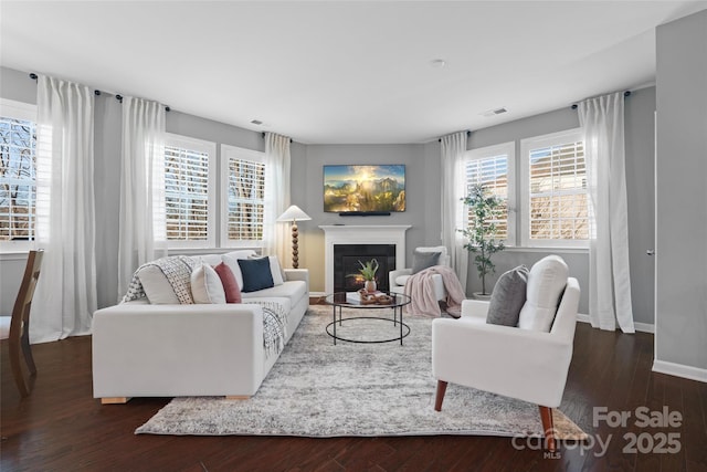 living room featuring dark wood-type flooring