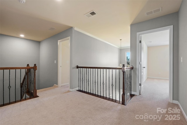 corridor with ornamental molding and carpet floors