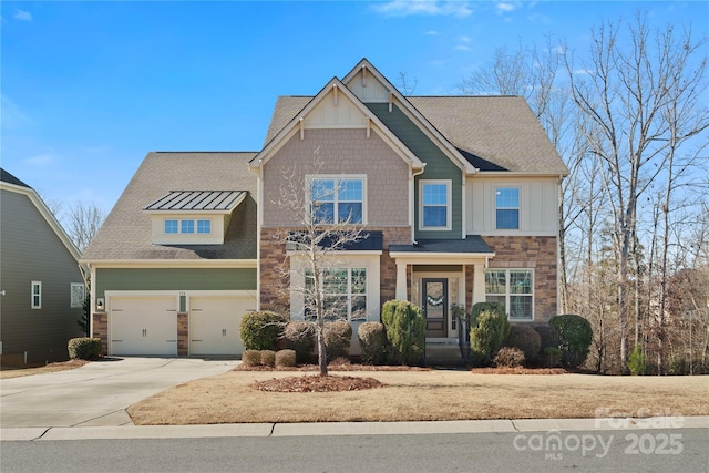 craftsman-style home featuring a standing seam roof, a garage, stone siding, driveway, and board and batten siding