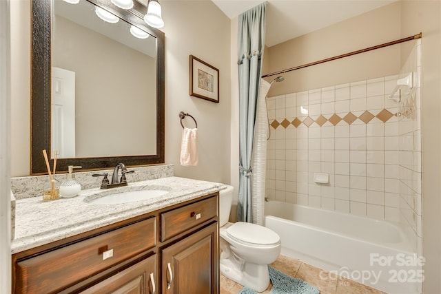 full bathroom featuring toilet, vanity, tile patterned flooring, and shower / tub combo