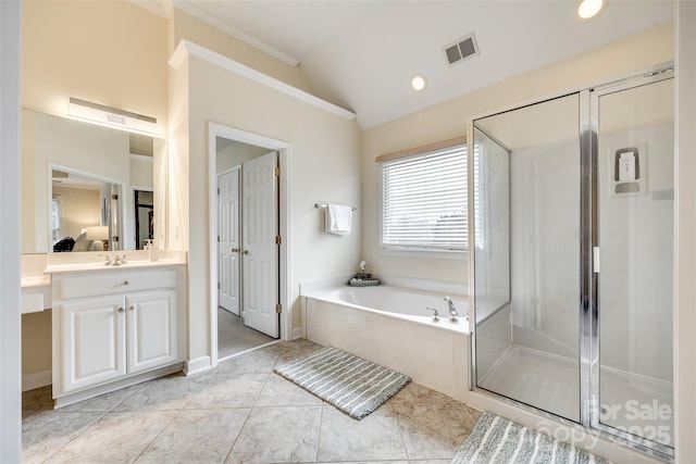 bathroom featuring tile patterned floors, vanity, vaulted ceiling, crown molding, and plus walk in shower