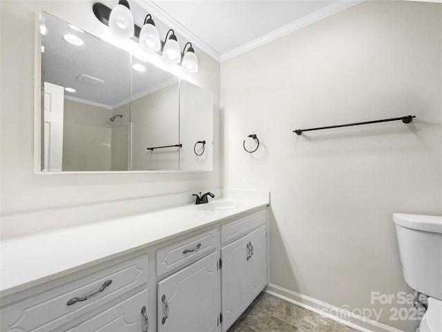 bathroom featuring ornamental molding, a shower, vanity, and toilet