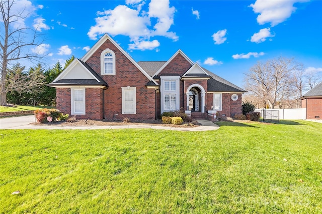 traditional-style house with brick siding, a front lawn, and fence