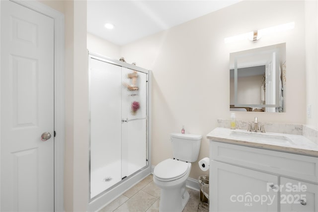 full bath featuring tile patterned floors, a shower stall, toilet, and vanity