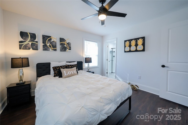 bedroom featuring ceiling fan and dark hardwood / wood-style flooring