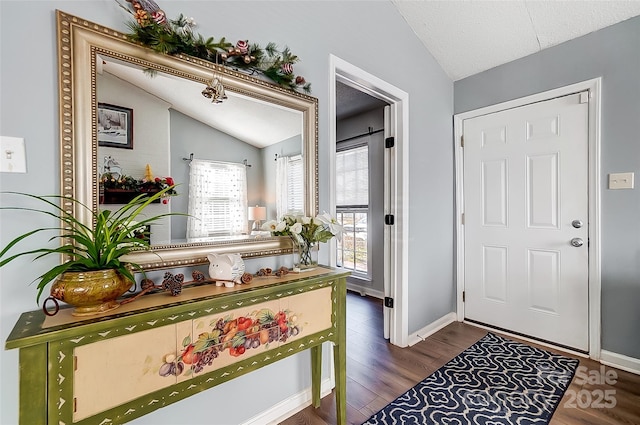 entrance foyer featuring vaulted ceiling, dark hardwood / wood-style flooring, and a textured ceiling