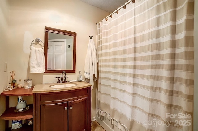 bathroom with vanity and shower / bathtub combination with curtain