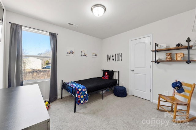 carpeted bedroom featuring multiple windows