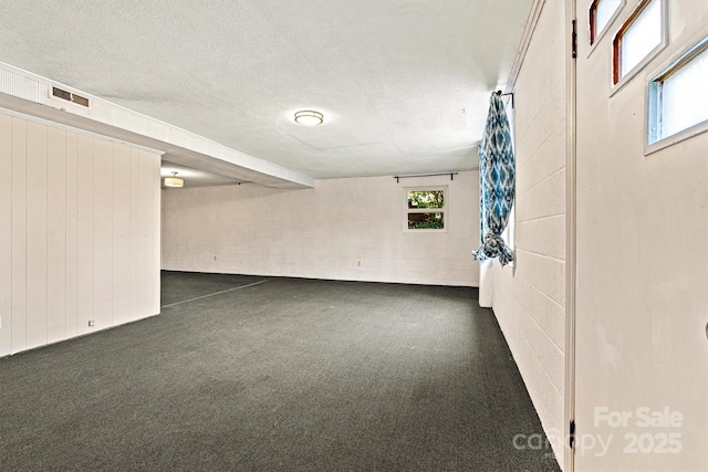 basement featuring dark colored carpet, plenty of natural light, and a textured ceiling