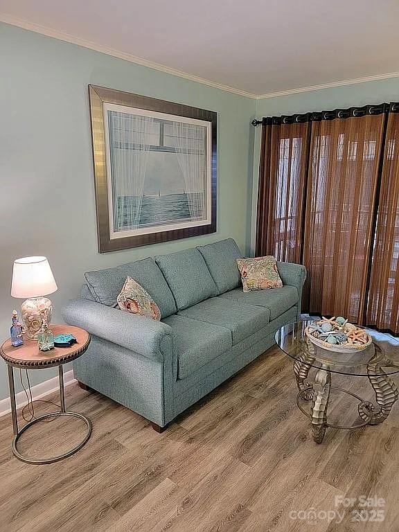 living room with hardwood / wood-style floors and ornamental molding