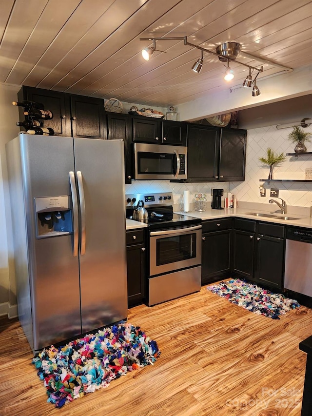 kitchen featuring stainless steel appliances, sink, backsplash, and light wood-type flooring