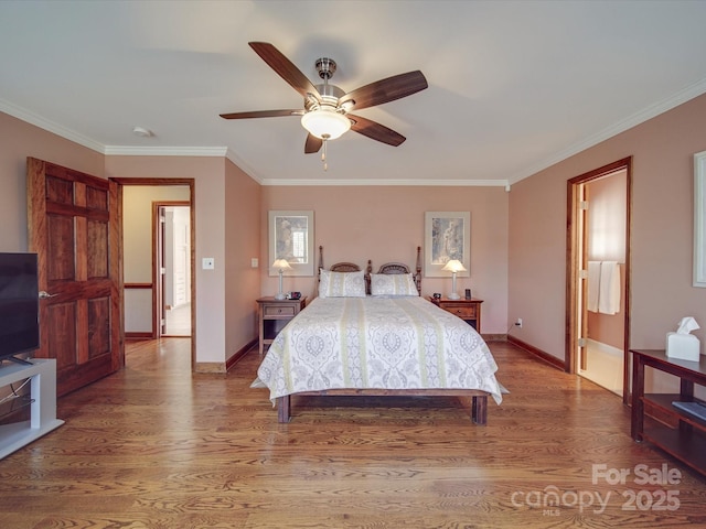 bedroom featuring wood-type flooring, ornamental molding, and ceiling fan