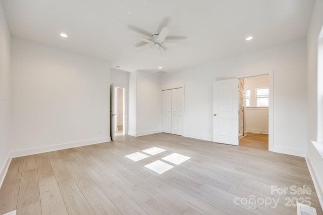 unfurnished bedroom with recessed lighting, visible vents, and light wood-style flooring