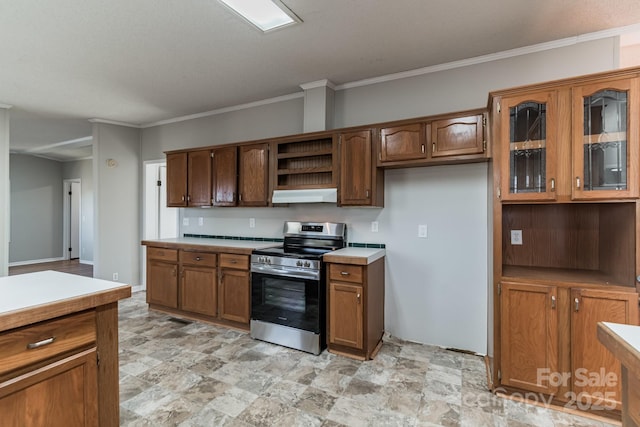 kitchen with stainless steel electric stove and ornamental molding