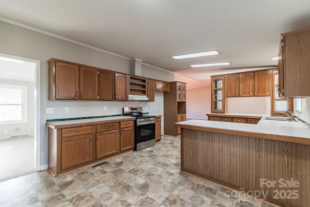 kitchen with electric range, light carpet, crown molding, kitchen peninsula, and sink