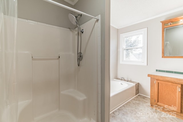 bathroom with shower with separate bathtub, crown molding, and vanity