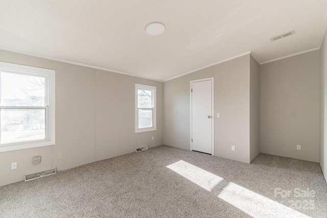 empty room with ornamental molding, vaulted ceiling, and carpet