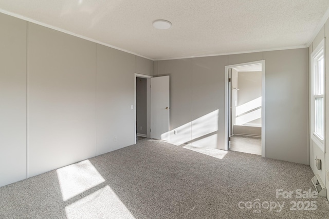 carpeted spare room with a textured ceiling and crown molding