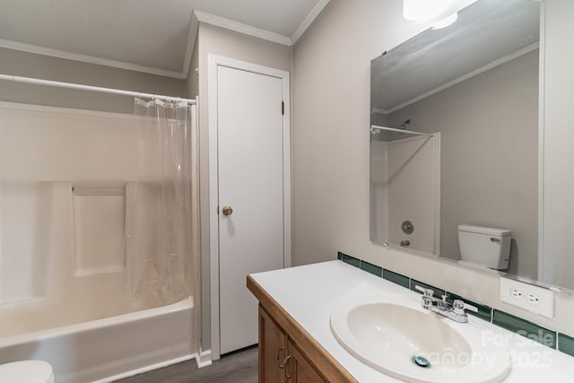 full bathroom with toilet, hardwood / wood-style flooring, shower / bath combination with curtain, and vanity