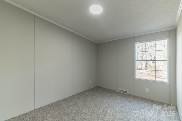 carpeted spare room with a textured ceiling and ornamental molding