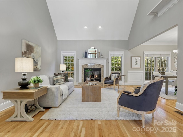 living room featuring high vaulted ceiling, light hardwood / wood-style floors, and a fireplace