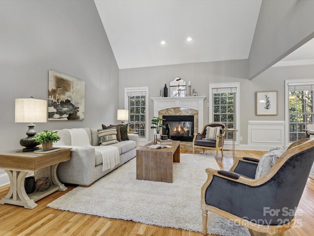 living room with a premium fireplace, hardwood / wood-style flooring, and high vaulted ceiling