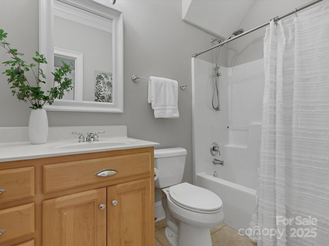 full bathroom with tile patterned floors, vanity, toilet, and shower / tub combo with curtain