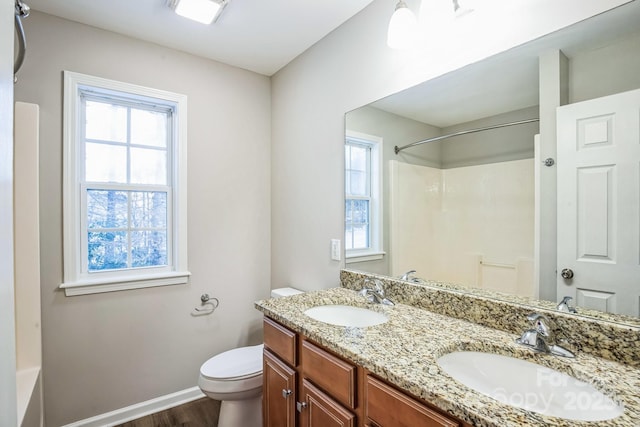 bathroom with hardwood / wood-style flooring, vanity, and toilet