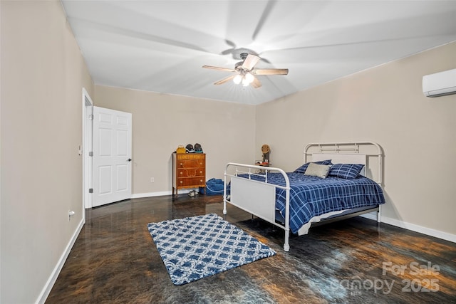 bedroom with ceiling fan and a wall unit AC