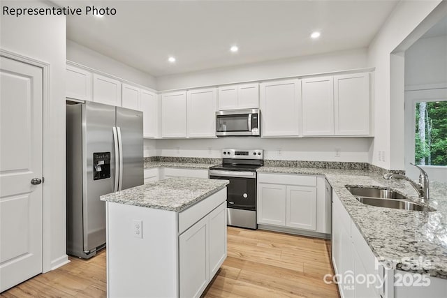 kitchen featuring stainless steel appliances, sink, white cabinets, a center island, and light stone counters