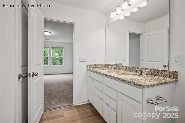 bathroom with wood-type flooring and vanity