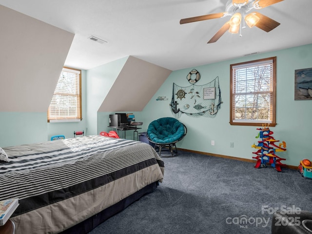 bedroom featuring ceiling fan, vaulted ceiling, and carpet