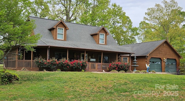 177 Providence Rd, Forest City, NC 28043 - view of front facade with a front lawn, covered porch, log siding, and a garage