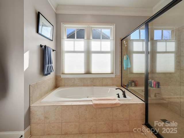 bathroom featuring ornamental molding, shower with separate bathtub, and tile patterned flooring