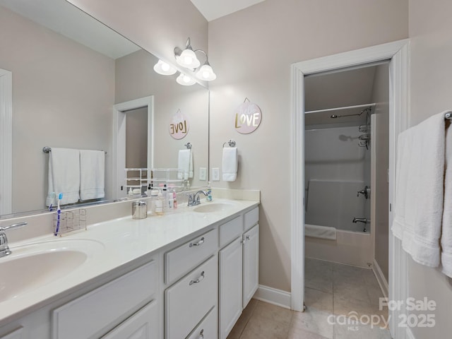 bathroom featuring tile patterned flooring, vanity, and bathtub / shower combination