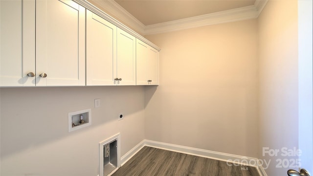 laundry area with hookup for a washing machine, cabinets, hookup for an electric dryer, dark hardwood / wood-style flooring, and crown molding